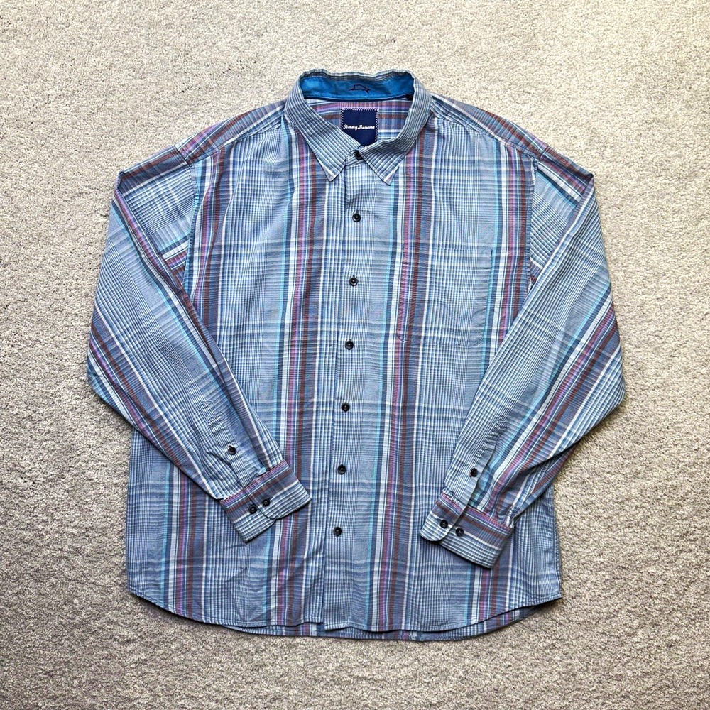 Tommy Bahama Mens XL Plaid Button Up Shirt Silk Cotton Stretch Long Sleeve Blue
